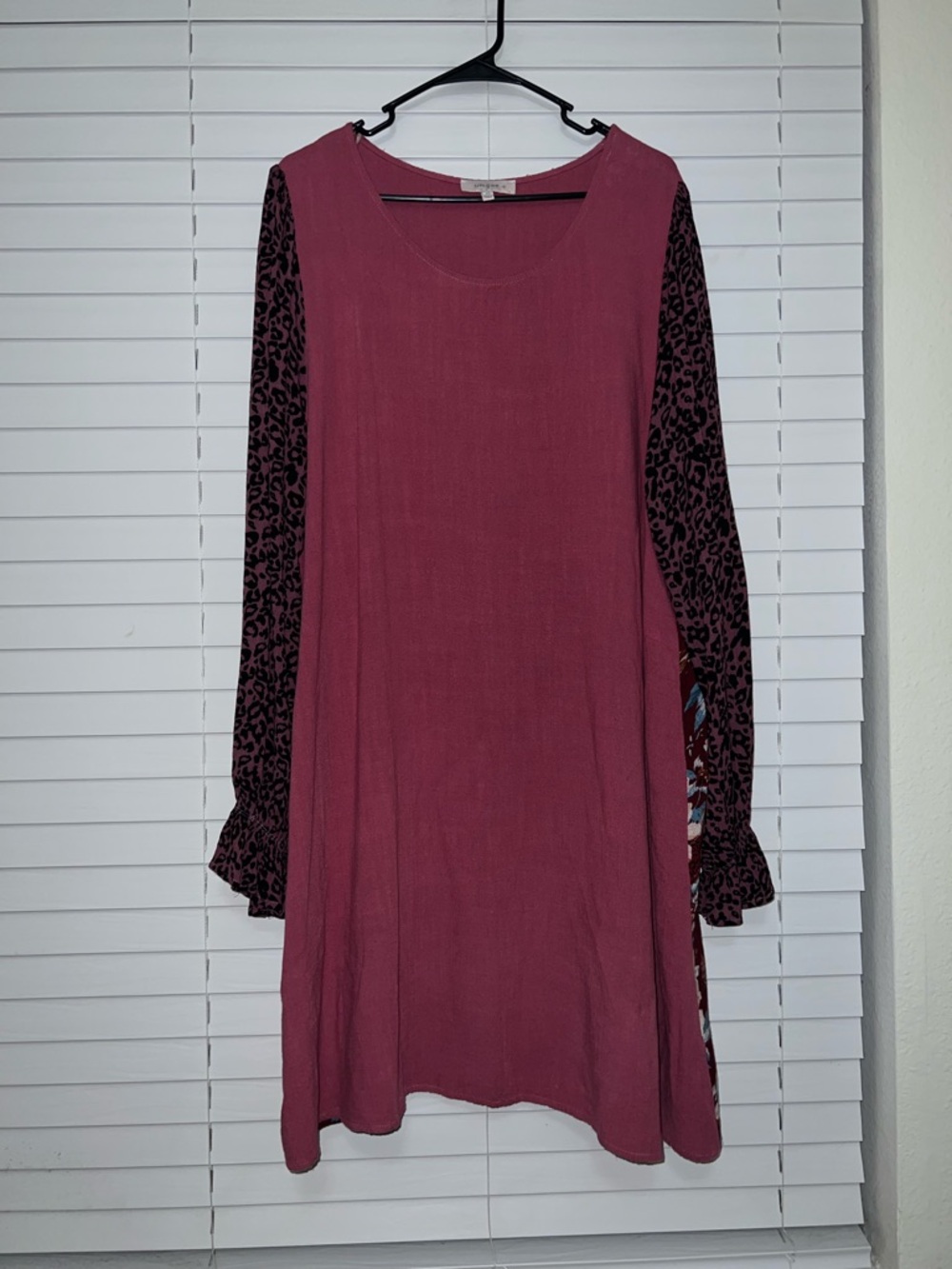 Umgee Plus Mauve Swing Dress with Leopard-Print Long Sleeves